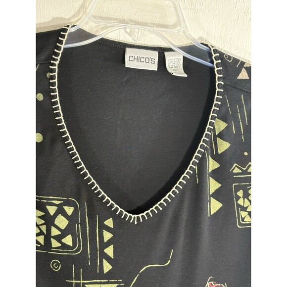 Chico's Black Tribal Geo Khaki Print Sz 1 Medium Women’s V- neck Cotton Blouse - Picture 7 of 7